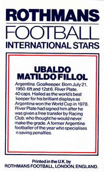 1984 Rothmans Football International Stars #NNO Ubaldo Fillol Back