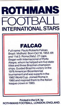 1984 Rothmans Football International Stars #NNO Paulo Roberto Falcao Back