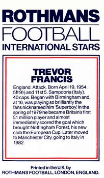 1984 Rothmans Football International Stars #NNO Trevor Francis Back