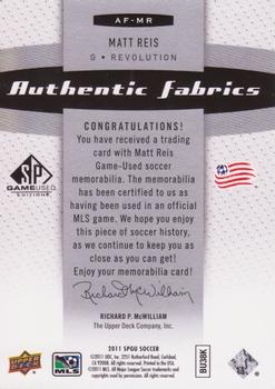 2011 SP Game Used - Authentic Fabrics #AF-MR Matt Reis Back