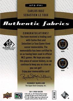 2011 SP Game Used - Authentic Fabrics Dual Premium Series #AF2-PHI Carlos Ruiz / Sebastien Le Toux Back