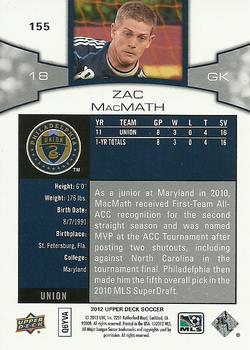 2012 Upper Deck MLS #155 Zac MacMath Back