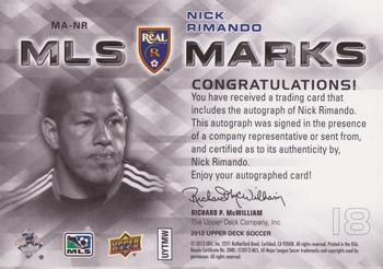 2012 Upper Deck MLS - MLS Marks #MA-NR Nick Rimando Back