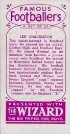 1955 D.C. Thomson / The Wizard Famous Footballers Coloured Mauve back #1 Len Shackleton Back