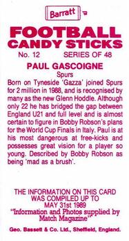1989-90 Barratt Football Candy Sticks #12 Paul Gascoigne Back