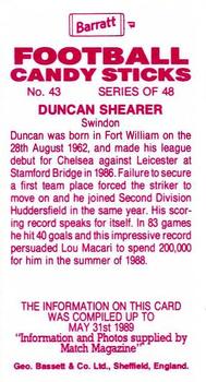 1989-90 Barratt Football Candy Sticks #43 Duncan Shearer Back