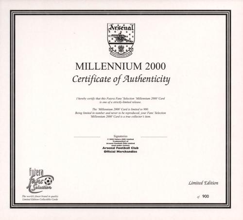 2000 Futera Fans Selection Arsenal #NNO Millennium 2000 Back