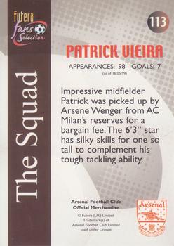 2000 Futera Fans Selection Arsenal #113 Patrick Vieira Back