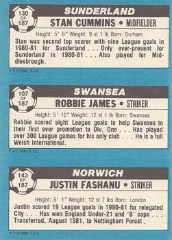 1981-82 Topps Footballer #130 / 107 / 143 Stan Cummins / Robbie James / Justin Fashanu Back