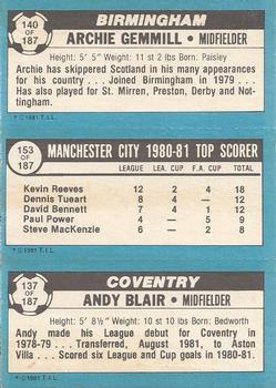1981-82 Topps Footballer #140 / 153 / 137 Archie Gemmill / Kevin Reeves / Andy Blair Back
