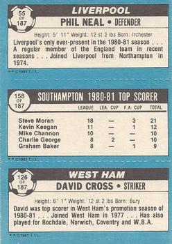 1981-82 Topps Footballer #55 / 158 / 126 Phil Neal / Steve Moran / David Cross Back