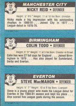 1981-82 Topps Footballer #58 / 142 / 23 Nicky Reid / Colin Todd / Steve McMahon Back