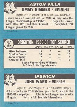 1981-82 Topps Footballer #12 / 147 / 39 Jimmy Rimmer / Mike Robinson / John Wark Back