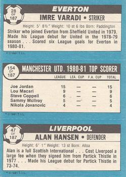 1981-82 Topps Footballer #28 / 154 / 47 Imre Varadi / Joe Jordan / Alan Hansen Back
