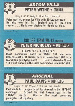 1981-82 Topps Footballer #18 / 180 / 9 Peter Withe / Peter Nicholas / Paul Davis Back