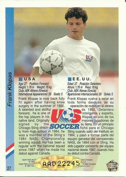 1993 Upper Deck World Cup Preview (English/Spanish) - USA Autographed Factory #27 Frank Klopas Back