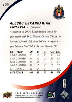 2008 Upper Deck MLS #120 Alecko Eskandarian Back