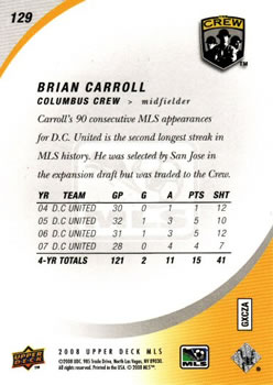 2008 Upper Deck MLS #129 Brian Carroll Back