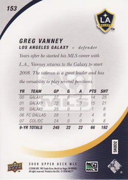 2008 Upper Deck MLS #153 Greg Vanney Back