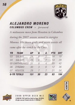 2008 Upper Deck MLS #16 Alejandro Moreno Back