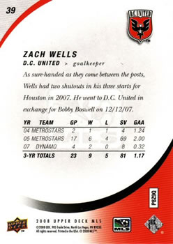 2008 Upper Deck MLS #39 Zach Wells Back