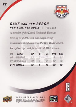 2008 Upper Deck MLS #77 Dave van den Bergh Back