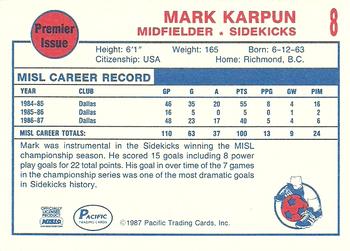 1987-88 Pacific MISL #8 Mark Karpun Back