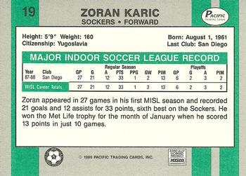 1988-89 Pacific MISL #19 Zoran Karic Back
