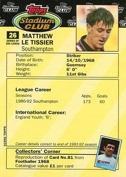 1992 Stadium Club #26 Matthew Le Tissier Back