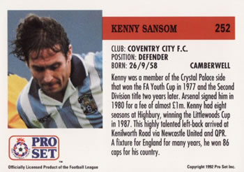 1991-92 Pro Set (England) #252 Kenny Sansom  Back