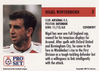 1991-92 Pro Set (England) #2 Nigel Winterburn Back