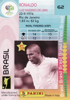2006 Panini World Cup #62 Ronaldo Back