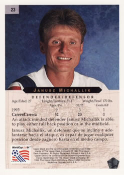 1994 Upper Deck World Cup Contenders English/Spanish #23 Janusz Michallik Back