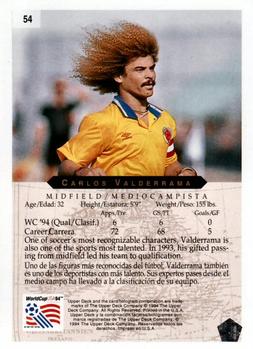 1994 Upper Deck World Cup Contenders English/Spanish #54 Carlos Valderrama Back