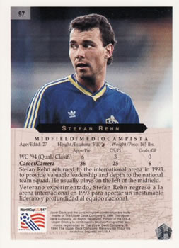1994 Upper Deck World Cup Contenders English/Spanish #97 Stefan Rehn Back