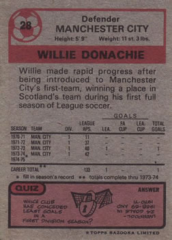 1975-76 Topps #28 Willie Donachie Back