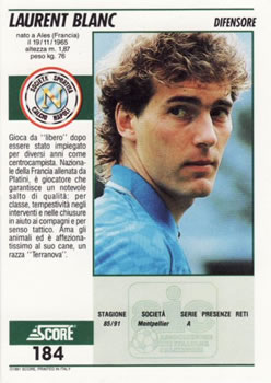 1992 Score Italian League #184 Laurent Blanc Back