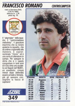 1992 Score Italian League #349 Francesco Romano Back