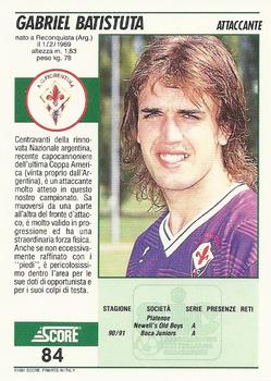 1992 Score Italian League #84 Gabriel Batistuta Back