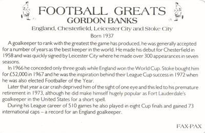 1986 Fax-Pax Football Greats #NNO Gordon Banks Back