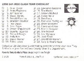 1998 Tony & Alba's San Jose Clash #2 Jorge Espinoza Back