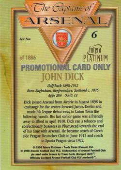 1998 Futera Platinum The Captains of Arsenal - Promotional Card Set #6 John Dick Back