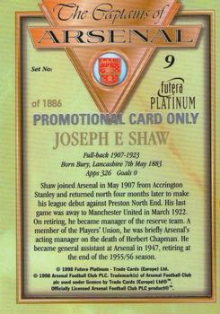 1998 Futera Platinum The Captains of Arsenal - Promotional Card Set #9 Joseph E Shaw Back