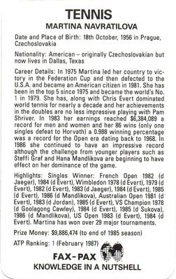 1987 Fax-Pax #NNO Martina Navratilova Back