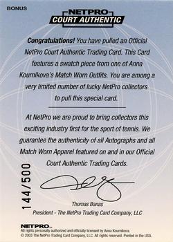 2003 NetPro International Series - Court Authentic Bonus #Bonus Anna Kournikova Back