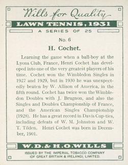 1931 Wills's Lawn Tennis #6 Henri Cochet Back