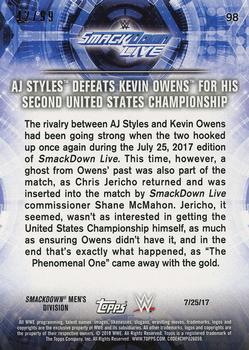 2018 Topps WWE Road To Wrestlemania - Blue #98 AJ Styles Defeats Kevin Owens for his Second United States Championship - SmackDown LIVE - 7/25/17 Back