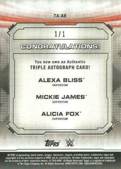 2019 Topps WWE RAW - Triple Autograph Black #TA-AB Alexa Bliss / Mickie James / Alicia Fox Back