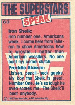1986 Scanlens WWF Pro Wrestler #63 The Iron Sheik / Classy Freddie Blassie Back