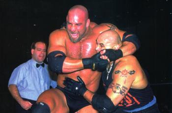 1998 Panini WCW/nWo Photocards #15 Goldberg vs Konnan Front